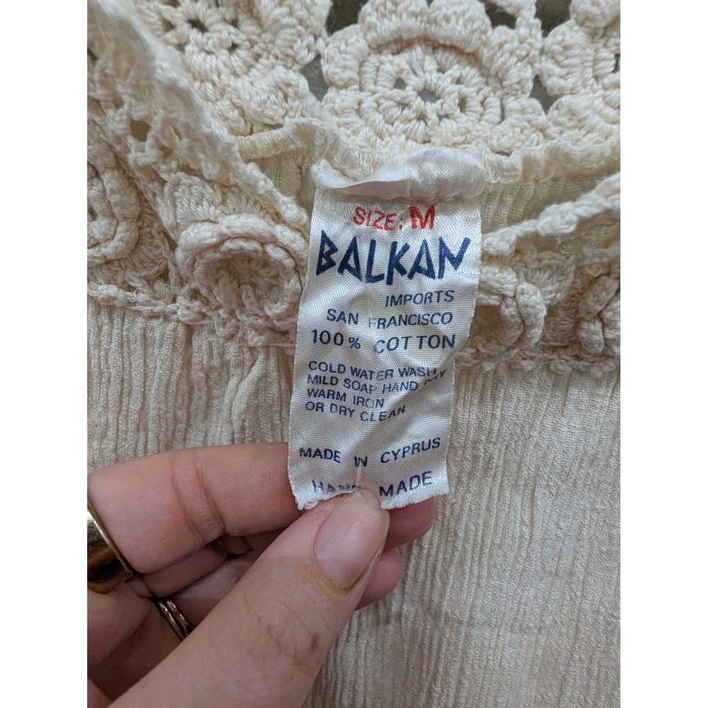 Vintage 70s Balkan Imports Cream Cotton Gauze Crochet Floral Midi Dress- S - Picture 4 of 6